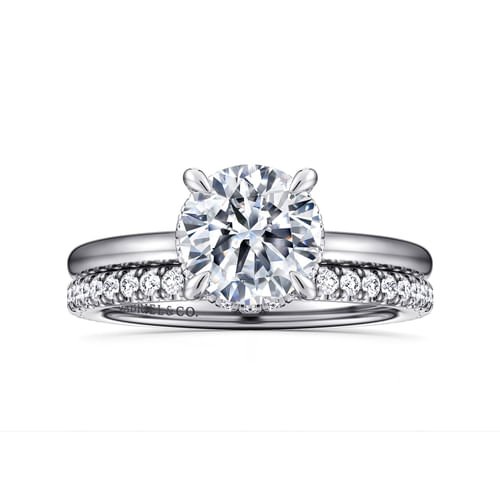 14K White Gold Hidden Halo Round  Diamond Engagement Ring