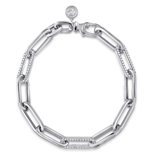 14K White Gold Hollow Paperclip Chain Bracelet with Diamond Pavé Link Stations