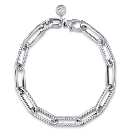 Gabriel - 14K White Gold Hollow Paperclip Chain Bracelet with Diamond Pavé Link Stations