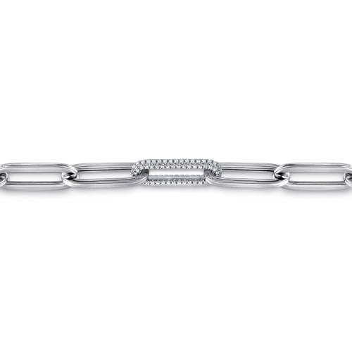 14K White Gold Hollow Paperclip Chain Bracelet with Diamond Pavé Link Stations