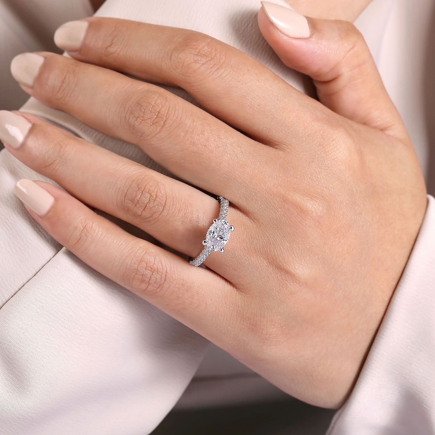 14K White Gold Horizontal Oval Diamond Engagement Ring