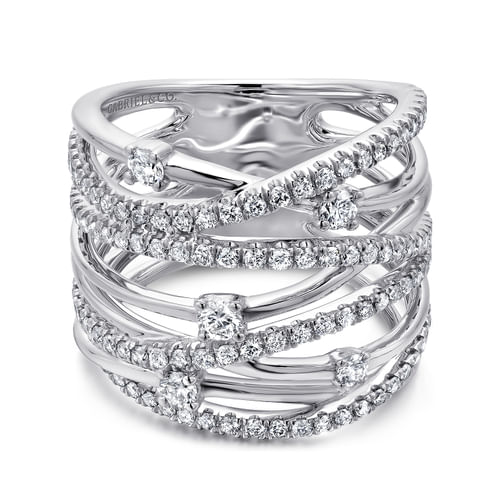 14K White Gold Intersecing Diamond Wide Criss Cross Ring
