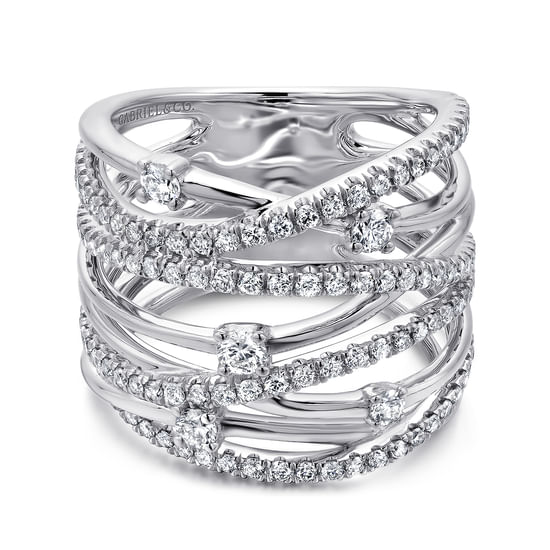 Gabriel - 14K White Gold Intersecing Diamond Wide Criss Cross Ring
