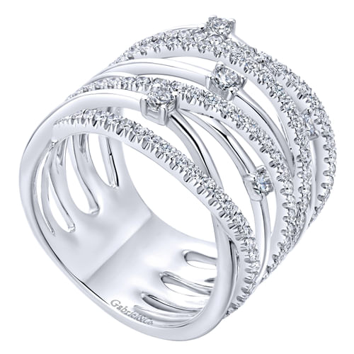 14K White Gold Intersecing Diamond Wide Criss Cross Ring