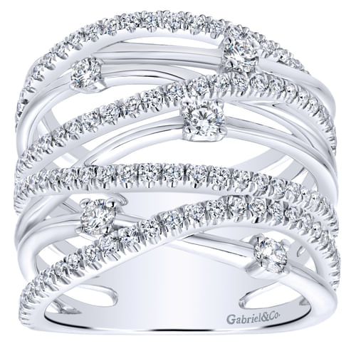 14K White Gold Intersecing Diamond Wide Criss Cross Ring