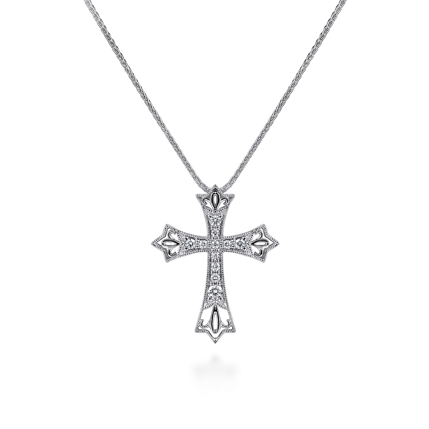 14K White Gold Intricate Openwork Diamond Cross Necklace