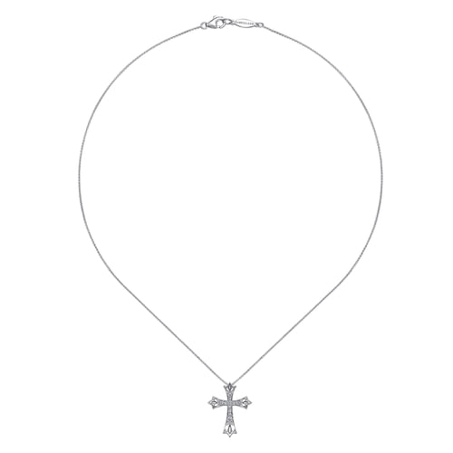 14K White Gold Intricate Openwork Diamond Cross Necklace