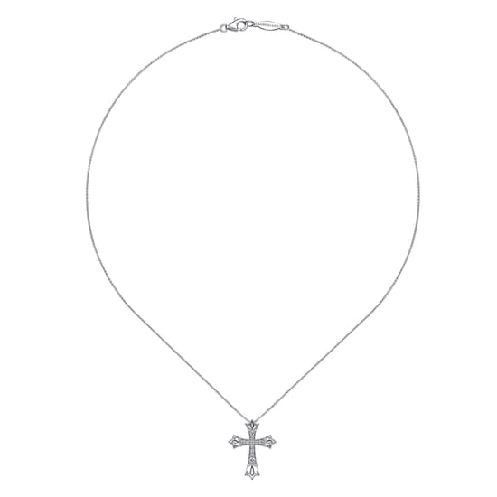14K White Gold Intricate Openwork Diamond Cross Necklace angle 2