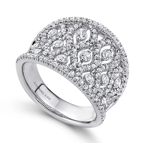 14K White Gold Intricate Openwork Diamond Wide Band Ring