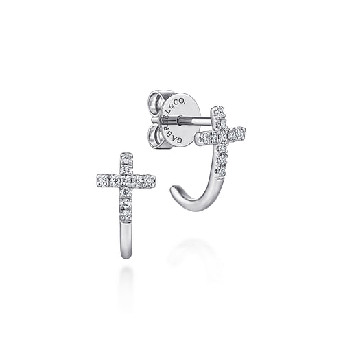 14K White Gold J Curve Diamond Cross Stud Earrings