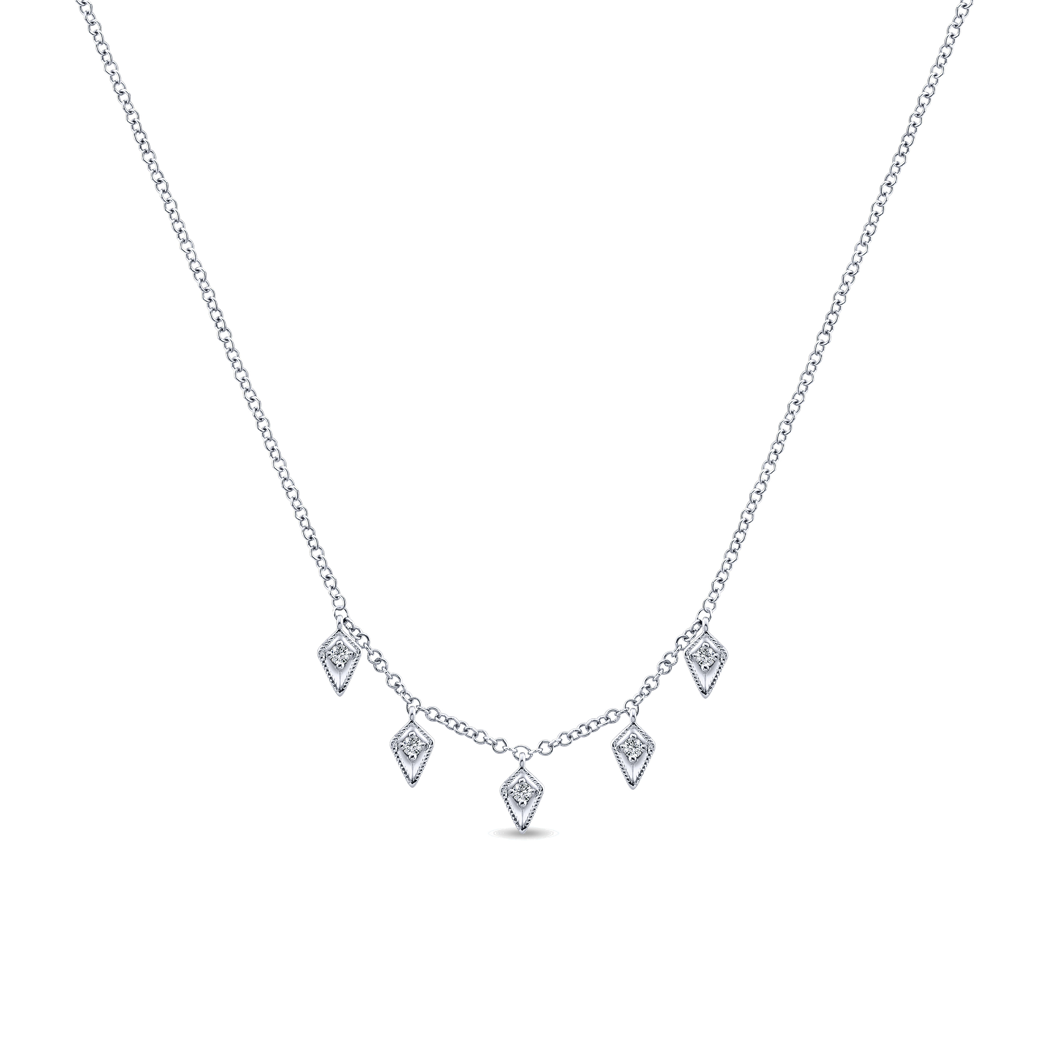 14K White Gold Kite Shaped Drops Station Necklace with Diamonds