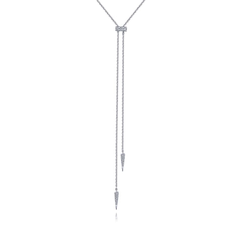 14K White Gold Lariat Choker Necklace with Diamond Bar and Spikes