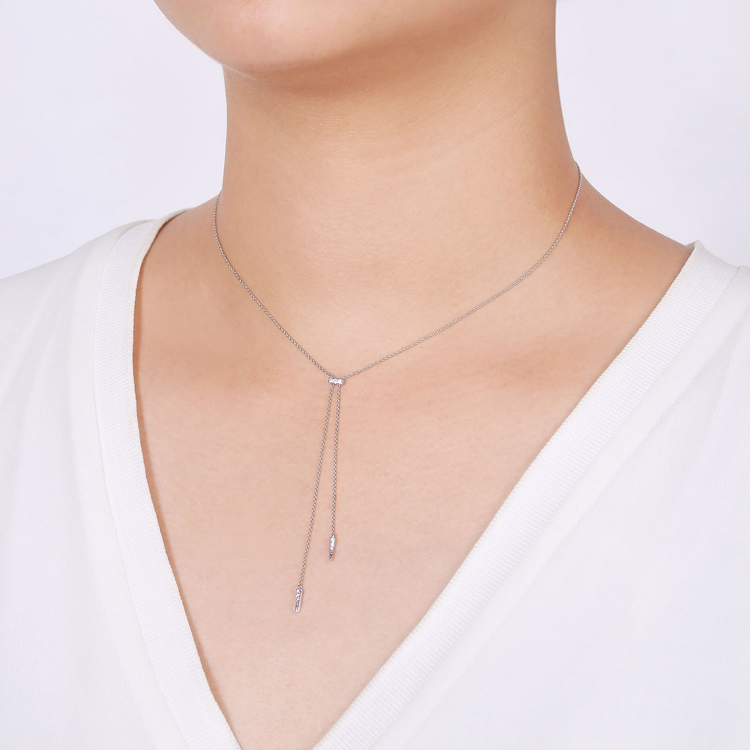 14K White Gold Lariat Choker Necklace with Diamond Bar and Spikes