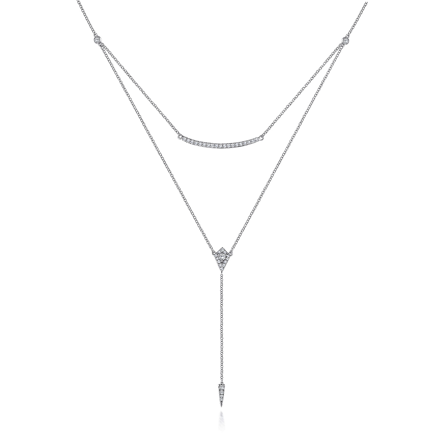 14K White Gold Layered Curved Bar and Diamond Drop Y Necklace