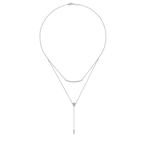 14K White Gold Layered Curved Bar and Diamond Drop Y Necklace