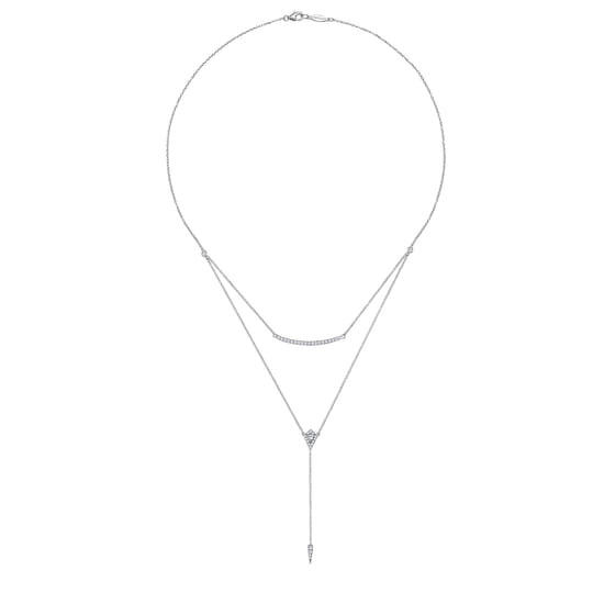 14K White Gold Layered Curved Bar and Diamond Drop Y Necklace angle 2