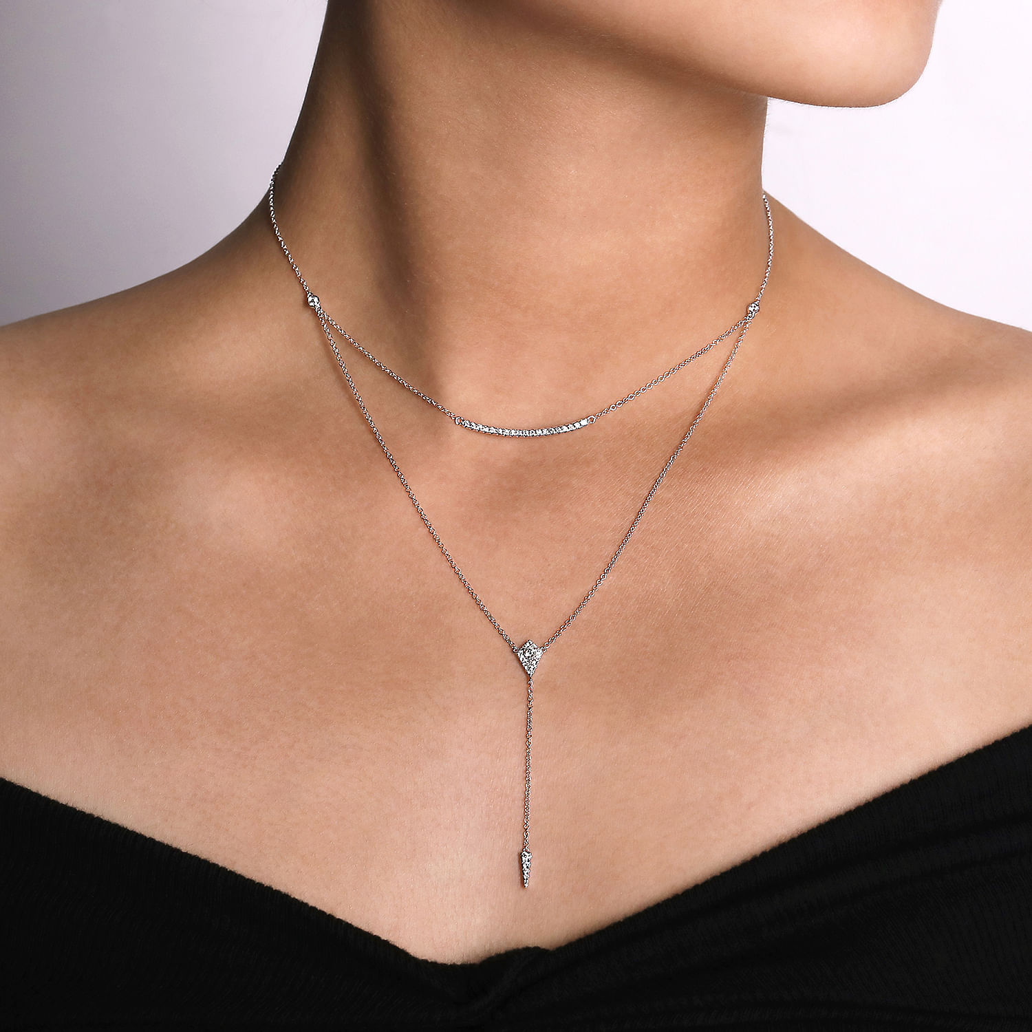 14K White Gold Layered Curved Bar and Diamond Drop Y Necklace
