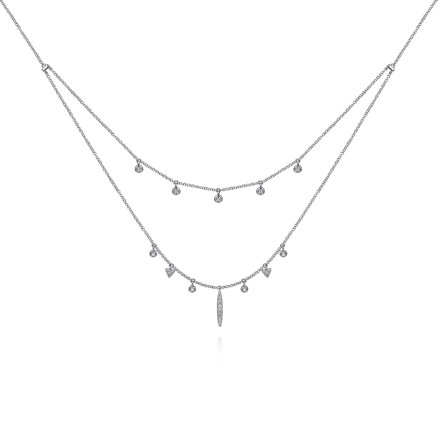 14K White Gold Layered Diamond Charm Drop Necklace