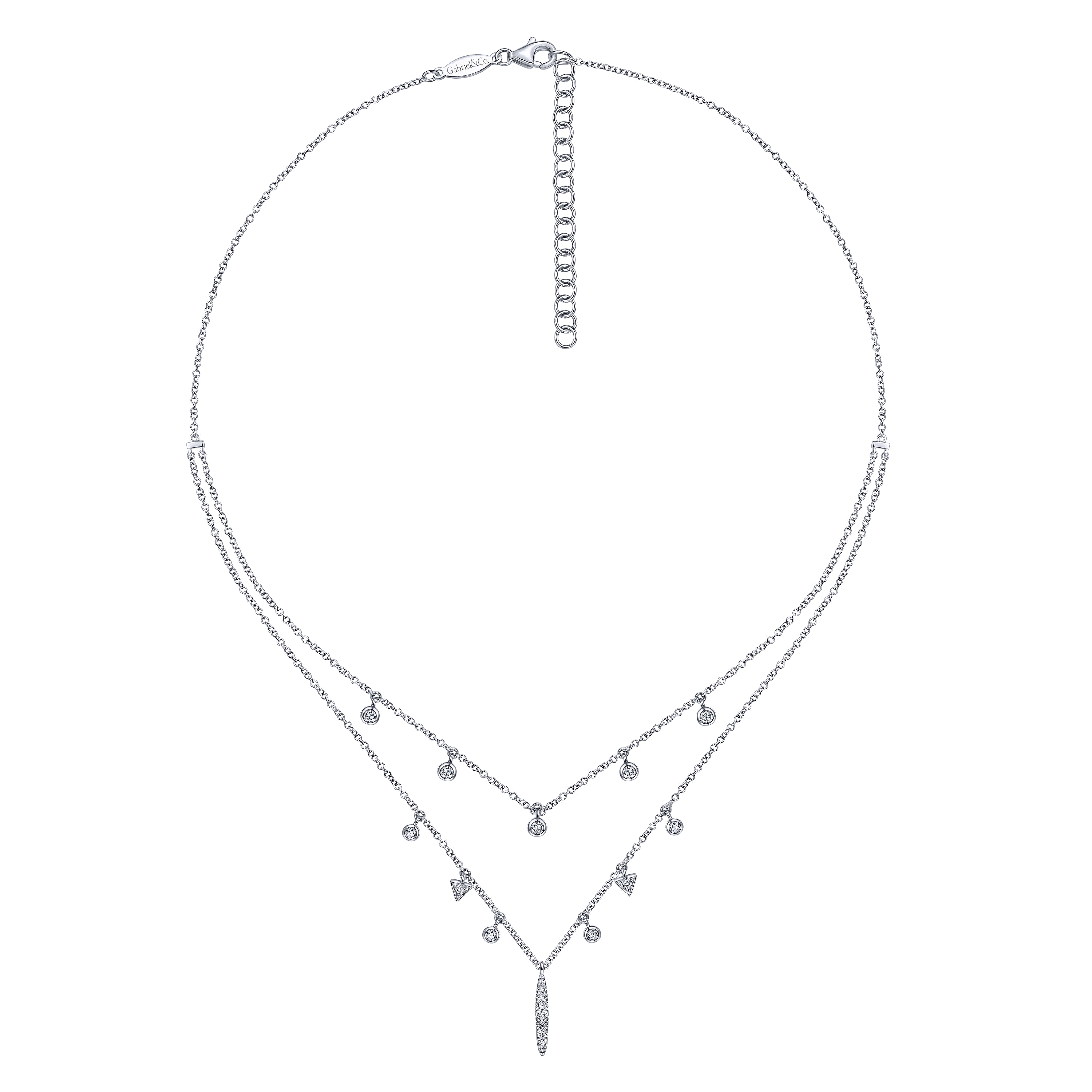 14K White Gold Layered Diamond Charm Drop Necklace