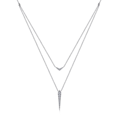 14K White Gold Layered Pavé Diamond Bar and Spike Pendant Necklace