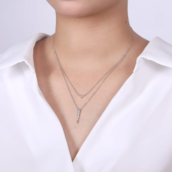 14K White Gold Layered Pavé Diamond Bar and Spike Pendant Necklace angle 3