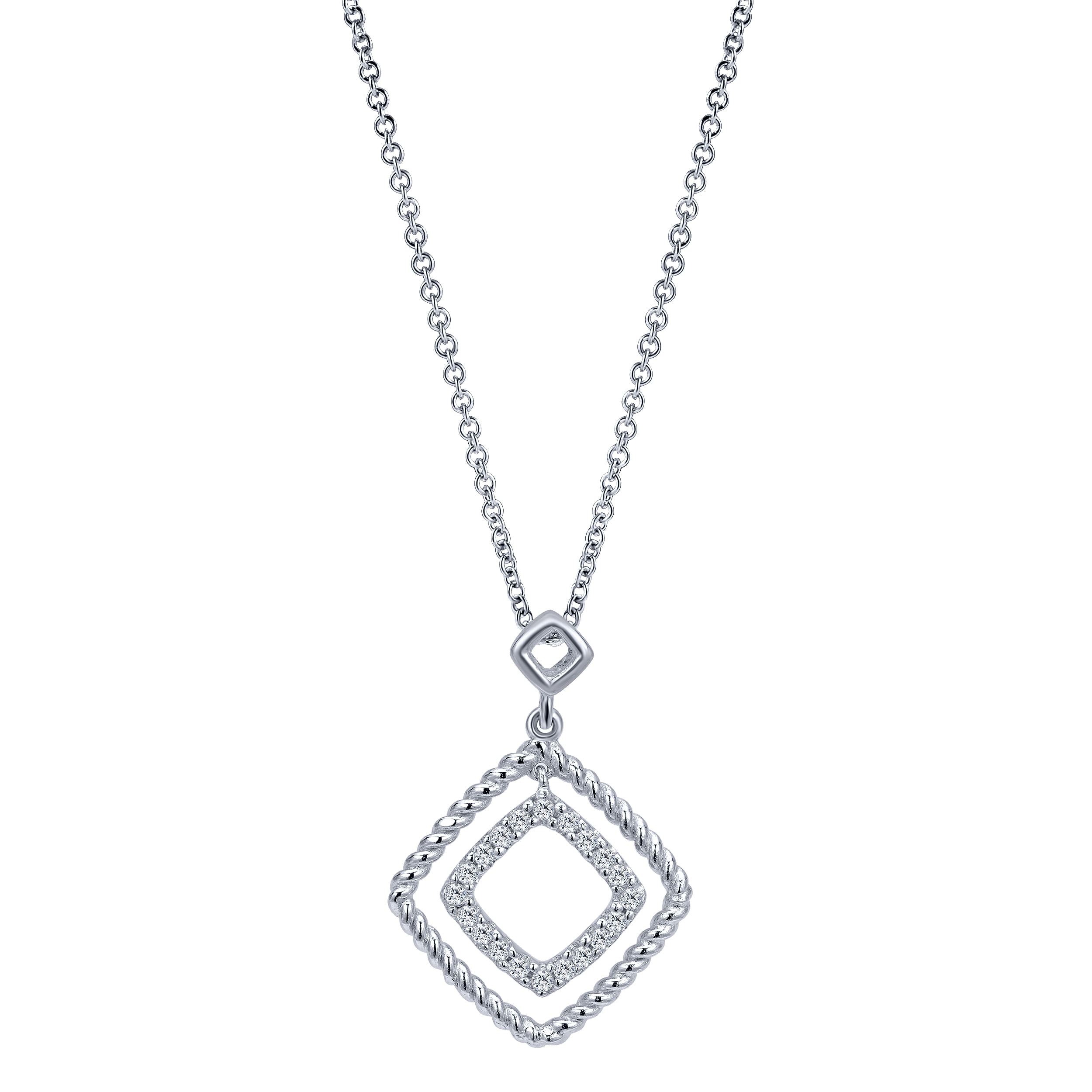 14K White Gold Layered Square Diamond Pendant Necklace