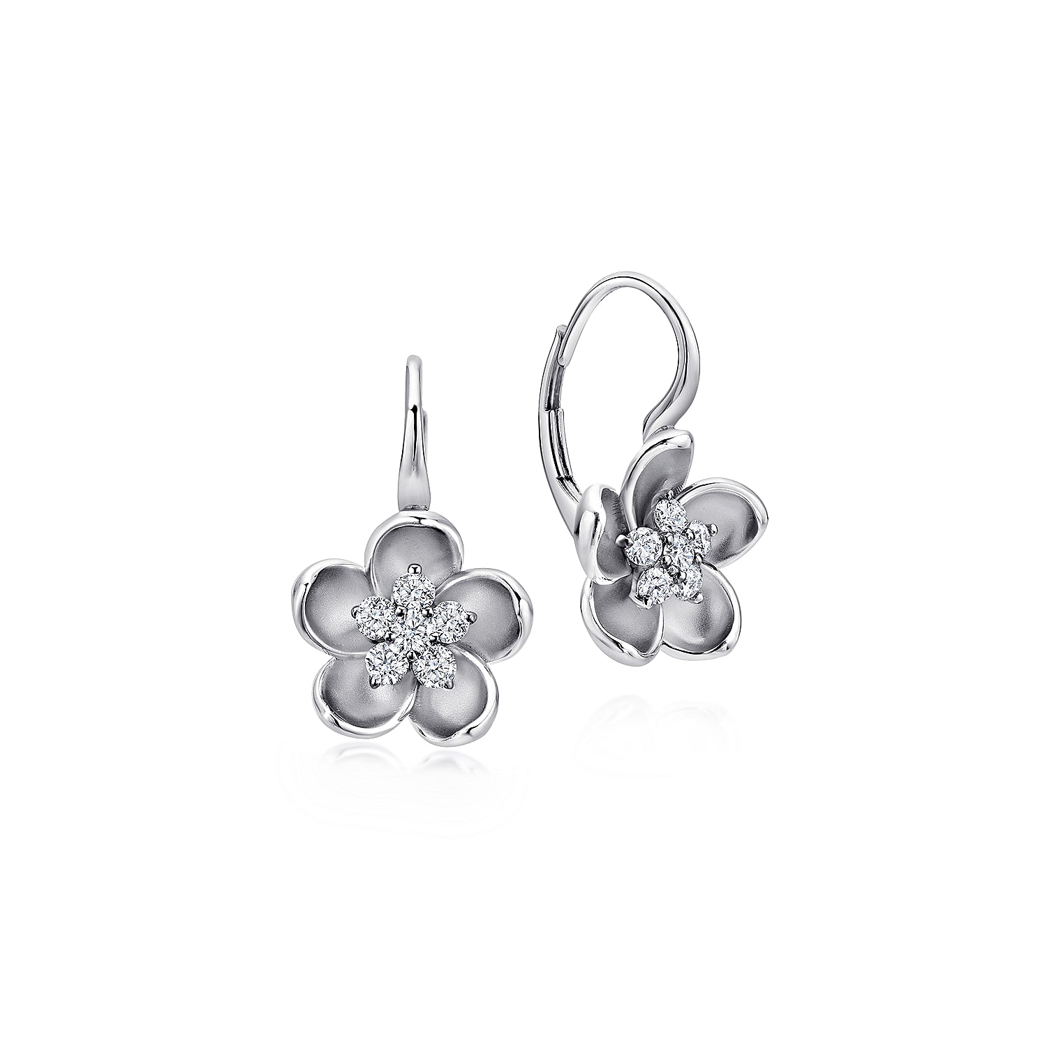 14K White Gold Leverback Flower Earrings with Diamond Center