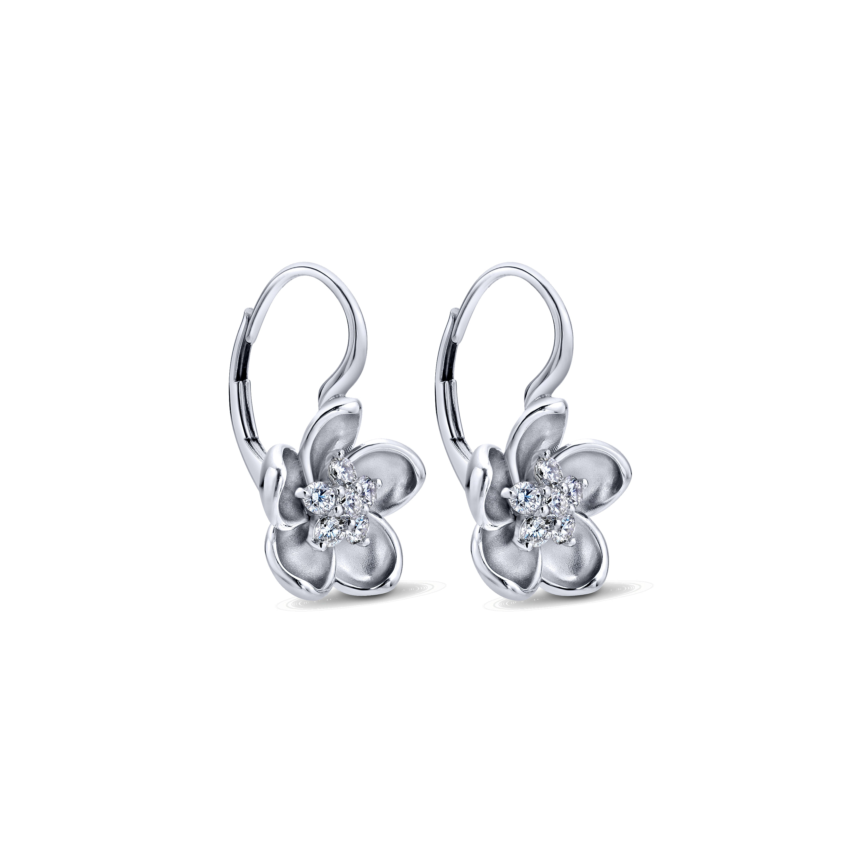14K White Gold Leverback Flower Earrings with Diamond Center