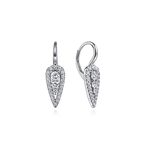 14K White Gold Long Cluster Teardrop Leverback Diamond Earrings