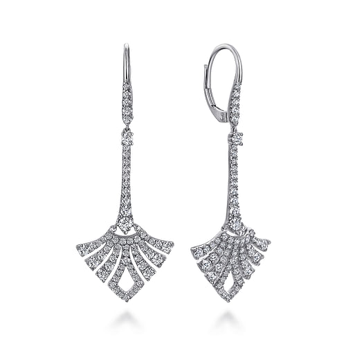 14K White Gold Long Diamond Fan Leverback Drop Earrings