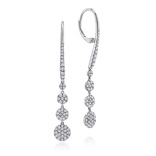 14K White Gold Long Graduating Circle Diamond Drop Earrings