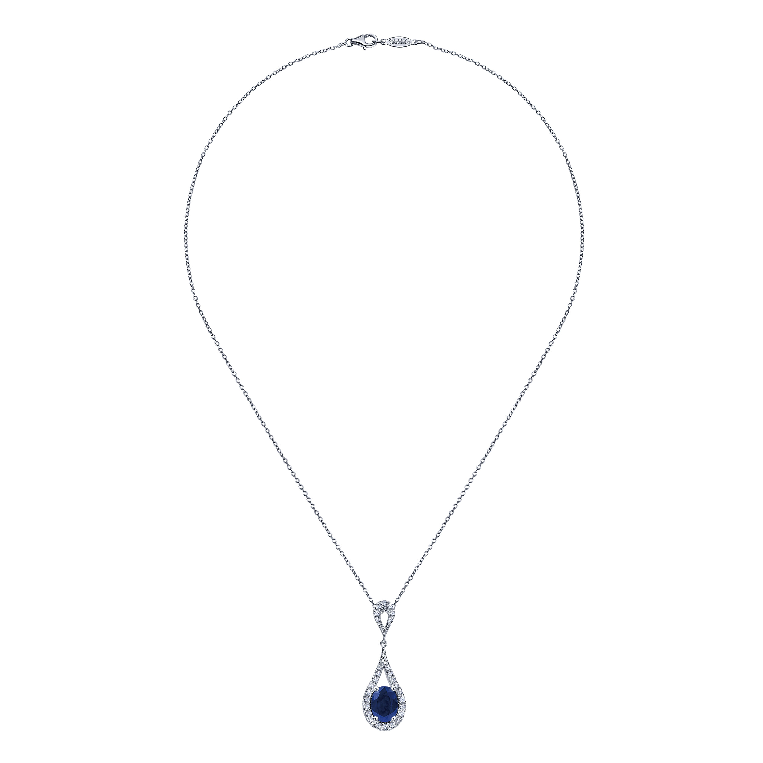 14K White Gold Long Oval Sapphire and Diamond Pendant Necklace