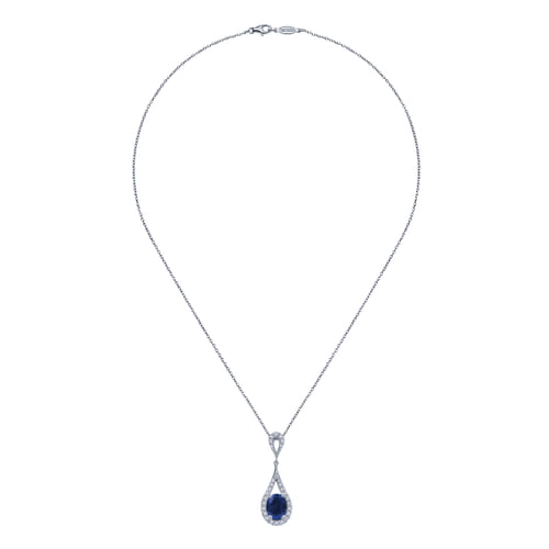 14K White Gold Long Oval Sapphire and Diamond Teardrop Pendant Necklace