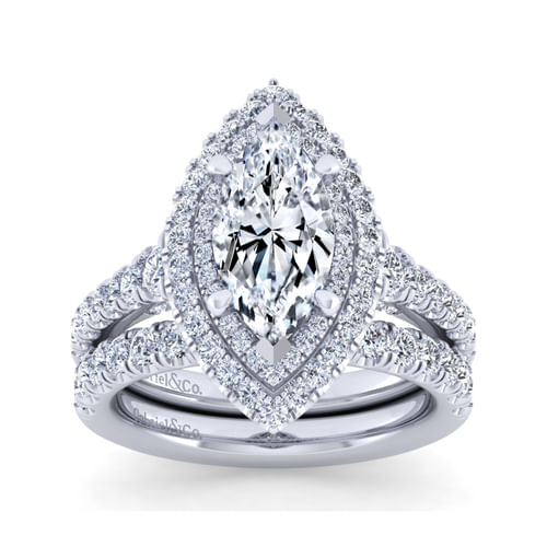 14K White Gold Marquise Double Halo Diamond Engagement Ring
