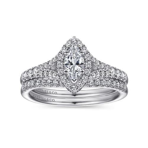 14K White Gold Marquise Halo Complete Diamond Engagement Ring