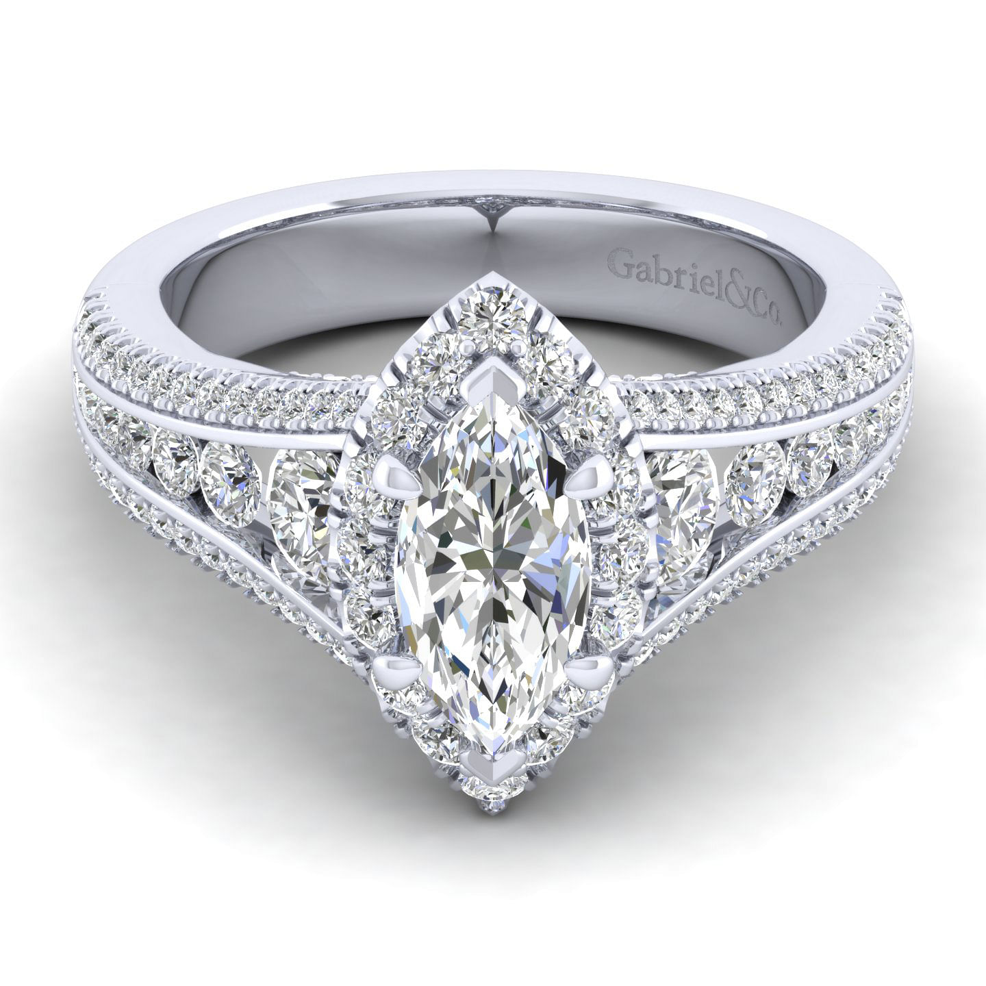 Gabriel - 14K White Gold Marquise Halo Diamond Channel Set Engagement Ring