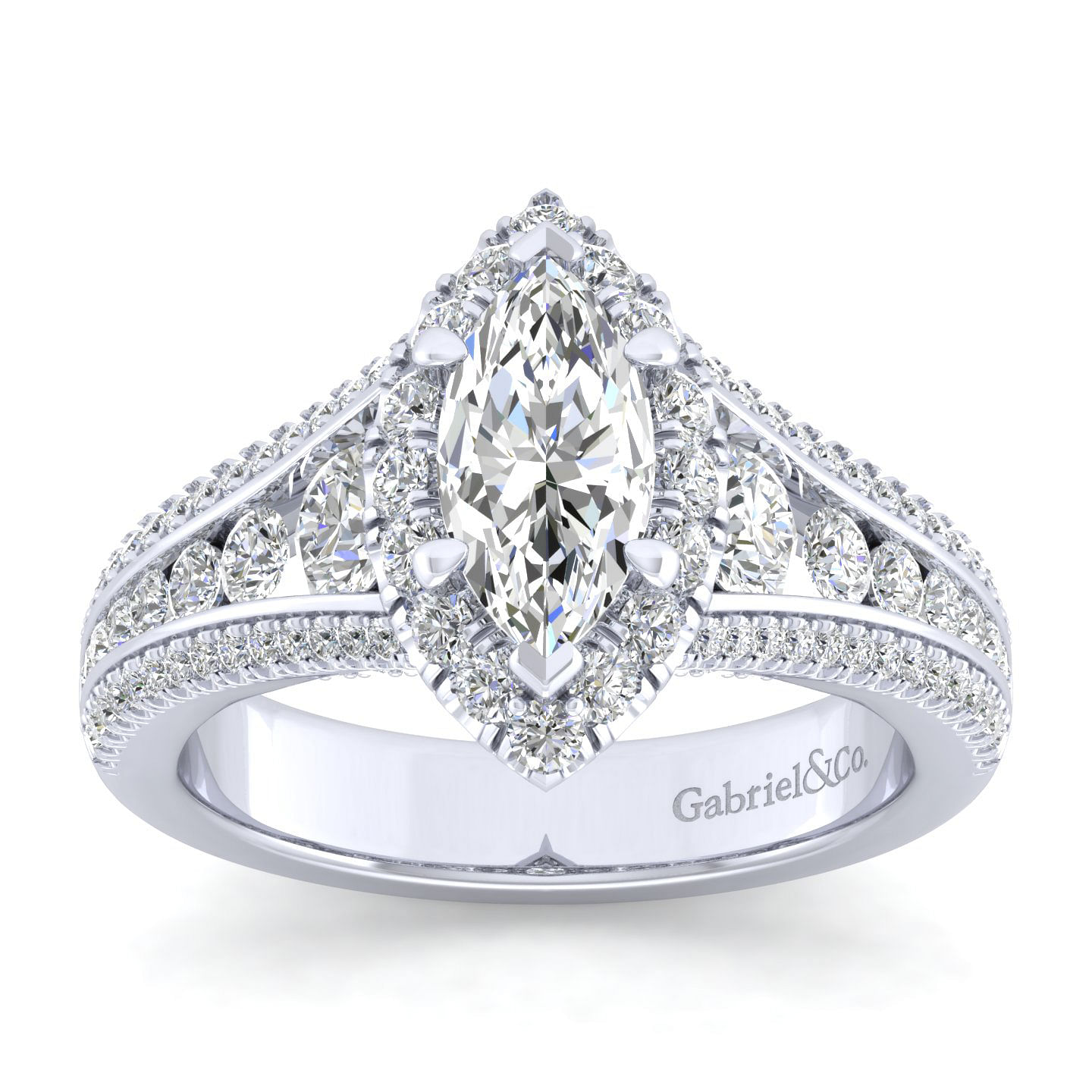 14K White Gold Marquise Halo Diamond Channel Set Engagement Ring