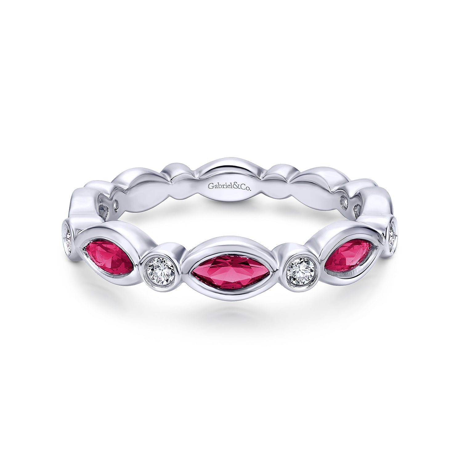 14K White Gold Marquise Ruby and Round Diamond Stackable Ring