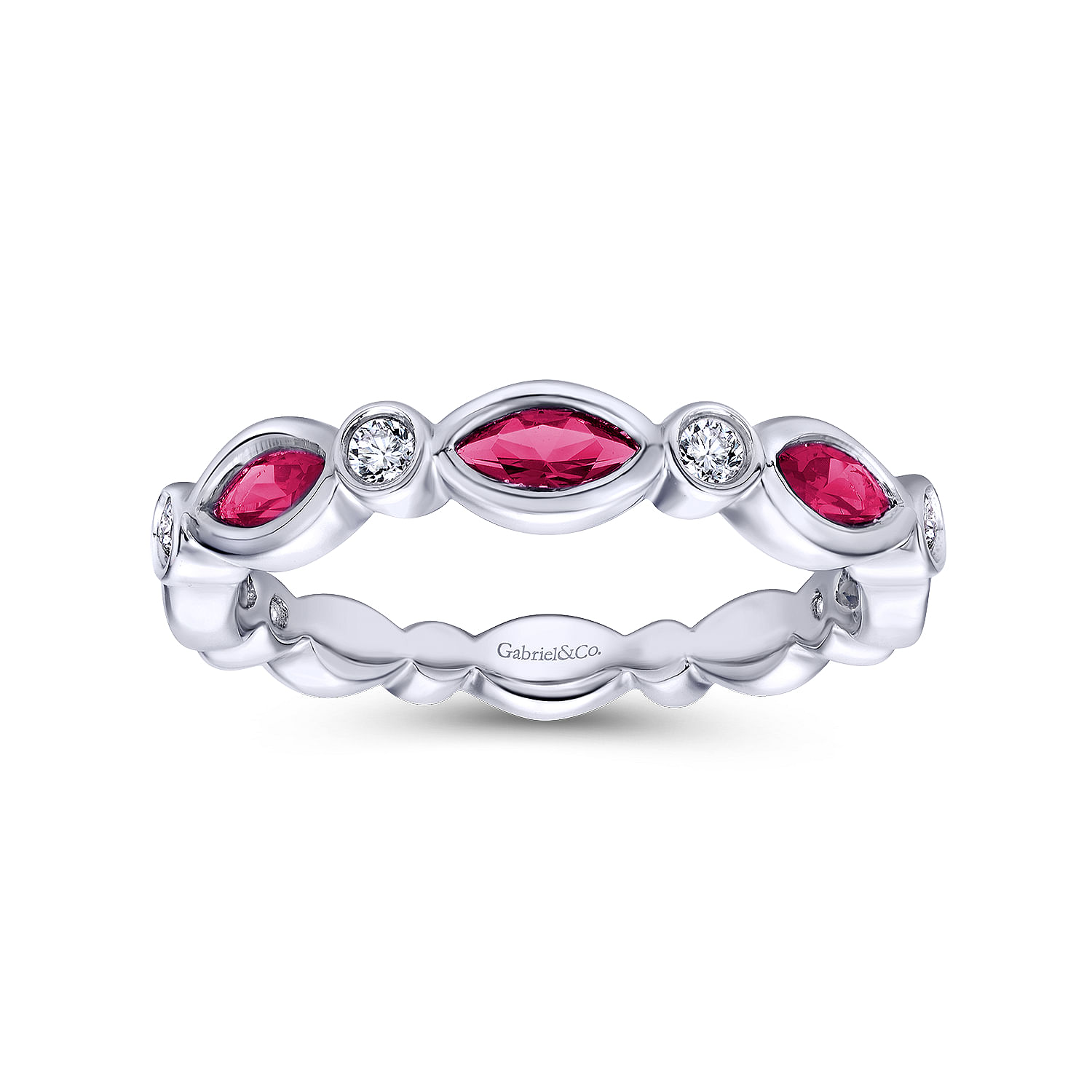 14K White Gold Marquise Ruby and Round Diamond Stackable Ring
