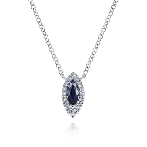 14K White Gold Marquise Sapphire and Diamond Halo Pendant Necklace