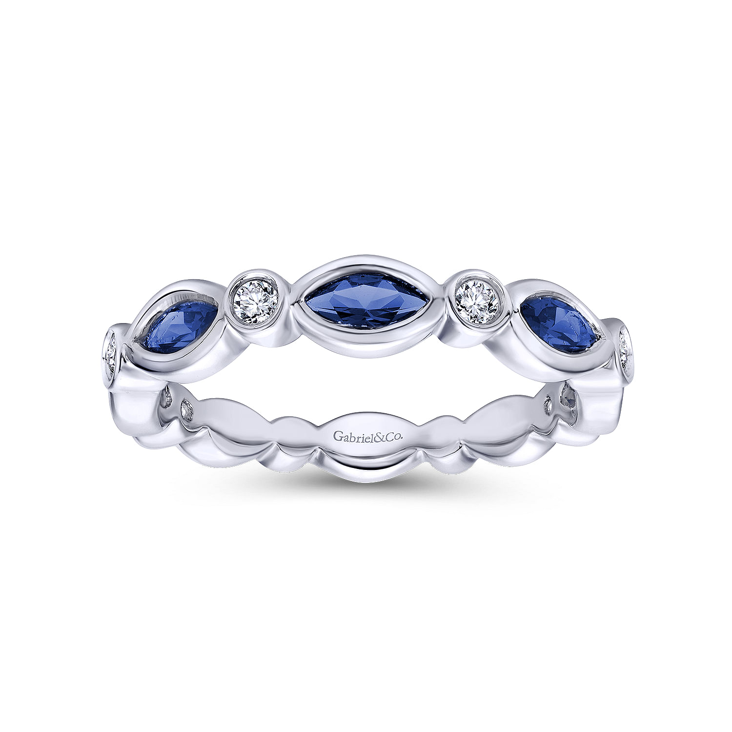 14K White Gold Marquise Sapphire and Round Diamond Stackable Ring