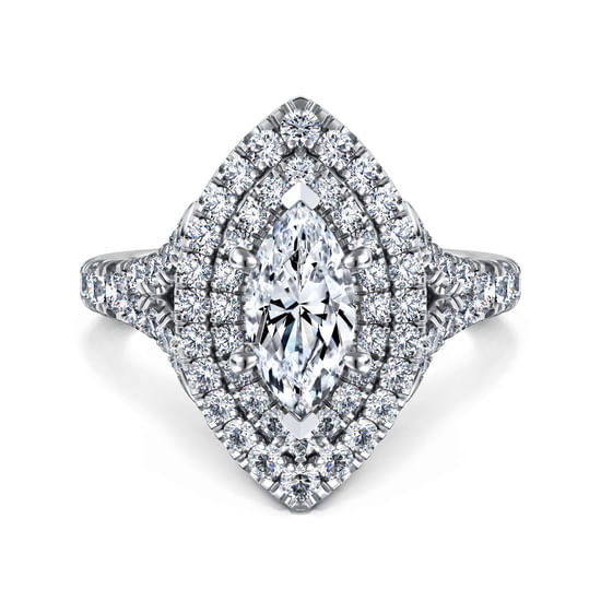 Gabriel - 14K White Gold Marquise Shape Double Halo Diamond Engagement Ring