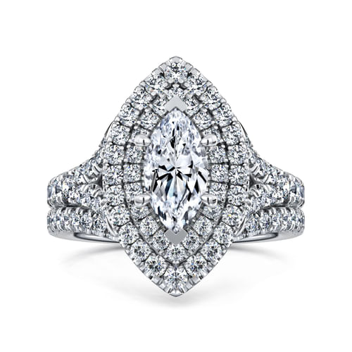 14K White Gold Marquise Shape Double Halo Diamond Engagement Ring