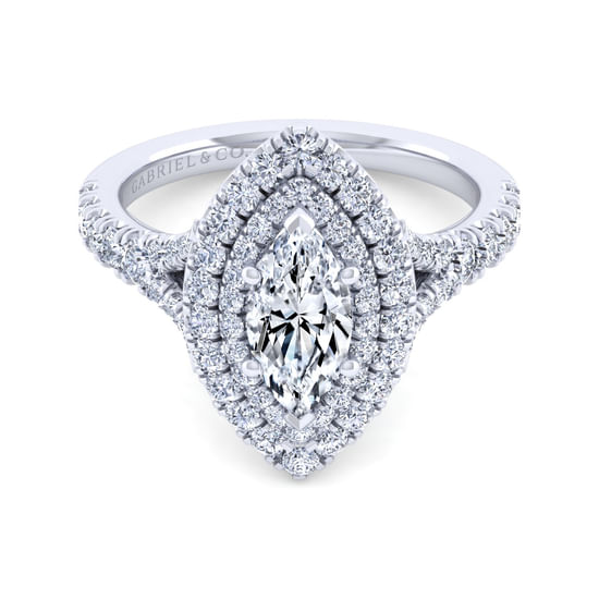 Gabriel - 14K White Gold Marquise Shape Double Halo Diamond Engagement Ring