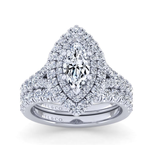 14K White Gold Marquise Shape Double Halo Diamond Engagement Ring