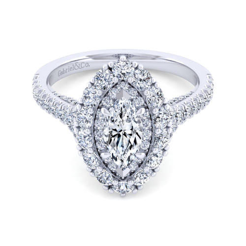 14K White Gold Marquise Shape Double Halo Diamond Engagement Ring