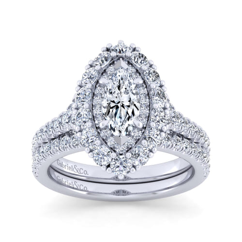 14K White Gold Marquise Shape Double Halo Diamond Engagement Ring