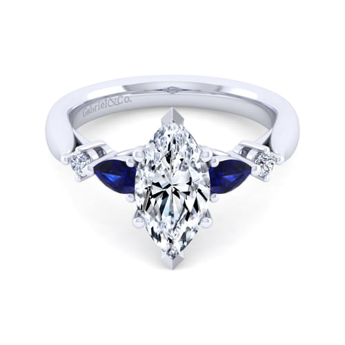 14K White Gold Marquise Shape Five Stone Sapphire and Diamond Engagement Ring