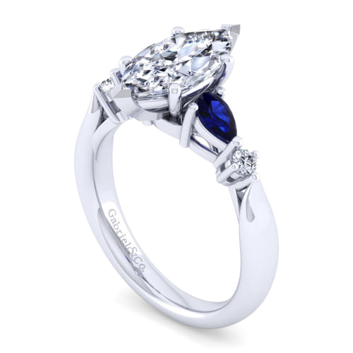 14K White Gold Marquise Shape Five Stone Sapphire and Diamond Engagement Ring