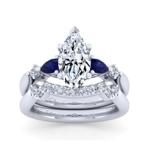 14K White Gold Marquise Shape Five Stone Sapphire and Diamond Engagement Ring